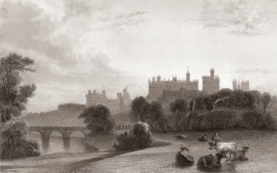 Alnwick Castle, Alnwick, Northumberland, England, på begynnelsen av 1800-tallet. Brukt som lokasjon i Harry Potter-filmer. Fra Churtons Portrait and Lanscape Gallery, utgitt 1836.