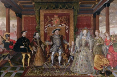 En allegori over Tudor-arvefølgen: familien til Henrik VIII, ca. 1589-95