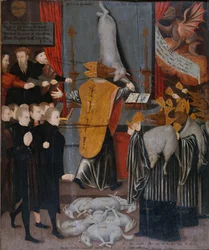 En anti-katolsk allegori med portretter av Stephen Gardiner, biskopen av Winchester og biskopene Bonner og Tunstall som ulver, og med kroppene til Hooper, Cranmer, Goodrich, Ridley Latimer og Rogers som lam, ca. 1555