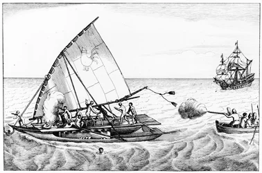 En hendelse under Le Maires (ca. 1585-1616) og Schoutens (ca. 1567-1625) jordomseiling i 1615-16, fra bind II av Chronological History of the Voyages and Discoveries in the South Sea