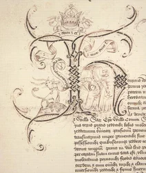 Arkiv 11980: Dekorert initial H fra kongelig charteropptaksstipend av kong Henry VI til New College Oxford av eiendommene til Newton Longville