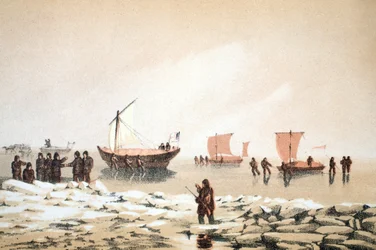 Arctic Travelling, illustrasjon fra Voyage to Baffins Bay og Barrow Straits..., 1852 (håndfarget gravering)