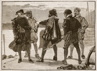 Arrestasjon av Sir Walter Raleigh, illustrasjon fra Cassells Illustrated History of England (sepiafoto)