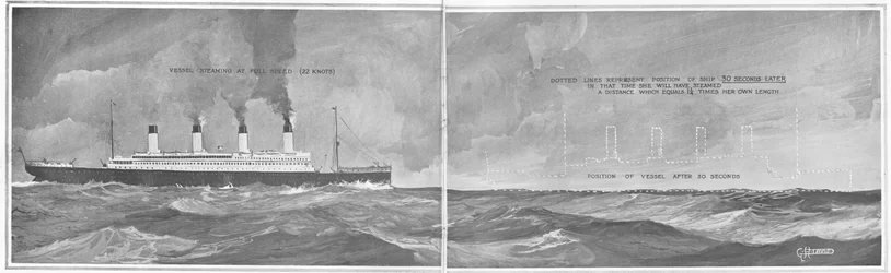 Artikkel om 'Speed of the Great Liners: A factor which makes head lights and other precautions required', fra 'The Sphere', 4. mai 1912 (litho) (detalj av 450833)