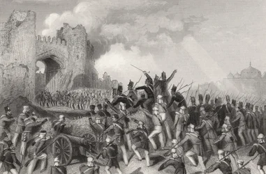 Assault of Delhi og Capture of the Cashmere Gate 14. september 1857, fra "The History of the Indian Myttery" publisert i 1858