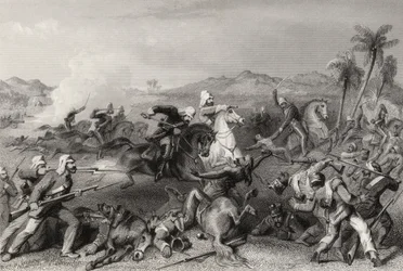 Angrep på Sealcote-mytteristene av general Nicholsons irregulære kavaleri i 1857, fra 'The History of the Indian Mutiny' publisert i 1858
