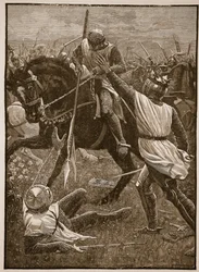 Slaget ved Evesham: Kong Henry i fare, illustrasjon fra Cassells Illustrated History of England (sepiafoto)