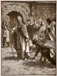 Becket før fiendene sine i Council Hall i Northampton, illustrasjon fra Cassells Illustrated History of England (sepiafoto)