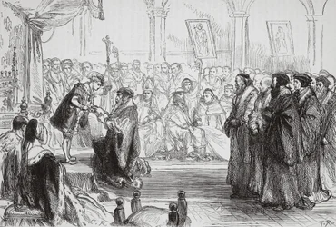 Beza presenterer den franske protestantiske kirkens bekjennelse for kongen ved Colloquy of Poissy, illustrasjon fra The History of Protestantism av James Aitken Wylie (1808-1890), pub. 1878 (eng