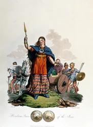 Boadicea, Queen of the Iceni, designet av C.H.S., gravert av Richard Havell den eldste, utgitt 1815 (akvatint)
