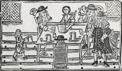 Boardgame and drinking at tavern (woodcut)
