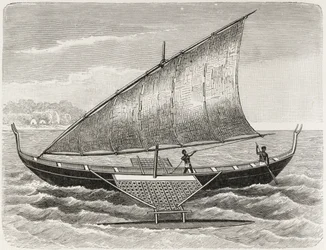Boat of the Mortlock Islands, med utrigger og seil av rush-matting, fra 