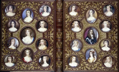 Bokomslag med tjueto portrettminiatyrer av Karl II og de vakre kvinnene ved hoffet hans, 1833