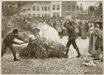 Burning of Blounts-hefte av Common Hangman, illustrasjon fra Cassells Illustrated History of England (sepia-bilde)