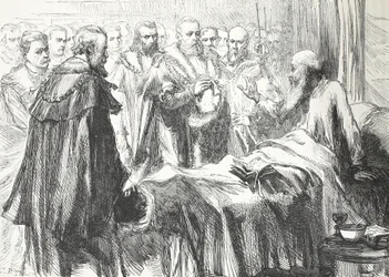 Calvin talte til rådet for siste gang, illustrasjon fra The History of Protestantism av James Aitken Wylie (1808-1890), pub. 1878