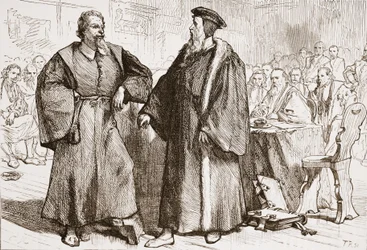 Calvin og Servetus før rådet i Genève, illustrasjon fra The History of Protestantism av James Aitken Wylie (1808-1890), pub. 1878