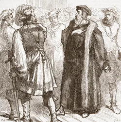 Calvin før fiendene hans i rådet, illustrasjon fra The History of Protestantism av James Aitken Wylie (1808-1890), pub. 1878