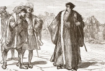 Calvin fornærmet av Libertines på Rhone Bridge, illustrasjon fra The History of Protestantism av James Aitken Wylie (1808-1890), pub. 1878
