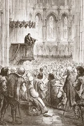 Calvin forkynner sin avskjedspreken i forventning om forvisning, illustrasjon fra The History of Protestantism av James Aitken Wylie (1808-1890), pub. 1878