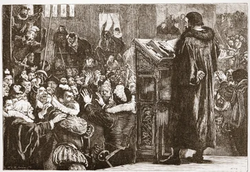 Calvin truet i kirken Rive, illustrasjon fra The History of Protestantism av James Aitken Wylie (1808-1890), pub. 1878