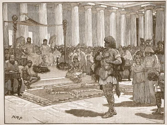 Caractacus før Claudius, illustrasjon fra Cassells Illustrated History of England (sepiafoto)