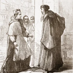 Kardinal Sadoleto besøker Calvin, illustrasjon fra The History of Protestantism av James Aitken Wylie (1808-1890), pub. 1878