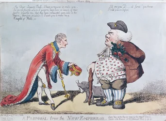 Karikatur som latterliggjør Napoleon på tidspunktet for proklamasjonen av Napoleon som keiser 18. mai 1804, 9. juli 1804