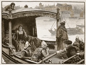 Catherine Howard blir formidlet til tårnet, illustrasjon fra Cassells Illustrated History of England (sepiafoto)