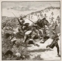 Charge of the Scots at Homildon Hill, illustrasjon fra Cassells Illustrated History of England (sepiafoto)