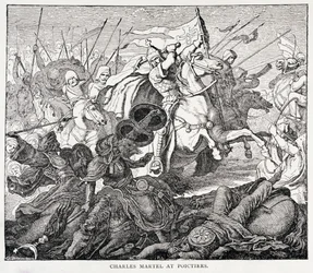 Charles Martel (ca. 688-741) ved Poictiers, fra The History of France, av Emile de Bonnechose, utgitt av Ward, Lock and Co, London