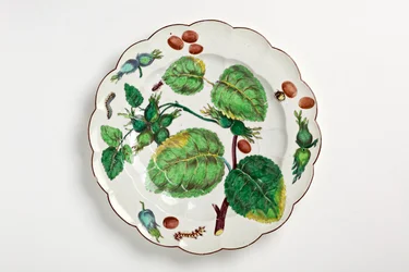 Chelsea tallerken dekorert med botanisk illustrasjon av nøtter, insekter og blader, 1755 (porselen)