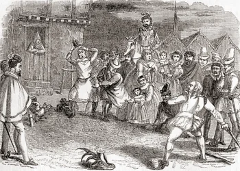 Hanekasting, også kjent som haneskremming eller kasting etter haner, fra Old England: A Pictorial Museum, utgitt 1847
