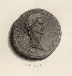Mynt fra Nerva Caesar Augustus tid