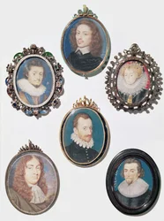Samling av miniatyrer, LtoR, øverste rad: Frederich V (1596-1632) Kurfyrst Pfalz, konge av Böhmen