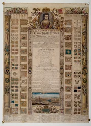 Minnekart som viser standarder fanget fra franskmennene etter slaget ved Blenheim, ca. 1704 (farget linjegravering)
