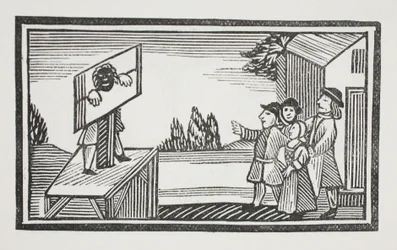 Dømt til å stå i en time eller mer i søylen, illustrasjon fra Chap-books of the Eighteenth Century av John Ashton, pub. 1882