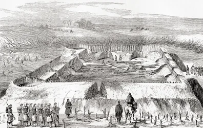 Konfødererte festningsverk nord for Manassas Junction, fra Ward og Locks Illustrated History of the World, publisert ca. 1882.