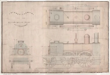 Konstruksjonstegning, 0-4-2 lokomotiv og tender av R. og W. Hawthorn and Co. for Stanhope and Tyne Railway Co.