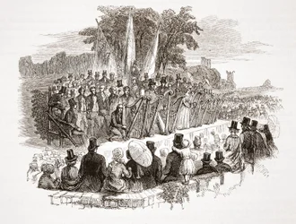 Konkurranse om gullharpen på Royal Denbigh Eisteddfod, før H.R.H. hertugen av Susses i 1828 (stålgravering)