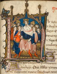 Cotton Nero D. VI, f.72 Historikert initial 'N', begynner et avsnitt om måten å holde parlamentet på, illustrasjon fra 'Modus Tenendi Parliamentum' (vellum)