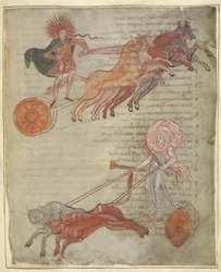 Cotton Tiberius B.V, del 1, f.47 Solens og månens vogner, illustrasjon fra 