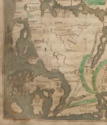 Cotton Tiberius BV, del 1, f.56v The Tiberius Map, Mappa Mundi, detalj av Vest-Europa og de britiske øyer (vellum)