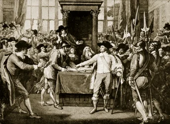 Cromwell oppløser det lange parlamentet, 1653, illustrasjon fra Hutchinsons Story of the British Nation, ca. 1923