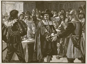 Cromwell oppløser det lange parlamentet, illustrasjon fra Cassells Illustrated History of England (sepiafoto)