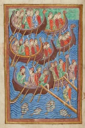 Dansker under Hinguar og Hubba lander i Storbritannia, fra Miscellany on the life of St. Edmund, Bury St Edmunds, ca. 1130 (vellum)