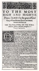 Dedikasjonsside i The Holy Bible, pub. av Robert Barker, 1611