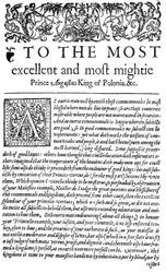 Dedikasjon til kongen av Polen Sigismund II Augustus I i The Counsellor, den første engelske oversettelsen av Wawrzyniec Grzyma?a Go?lickis De optimo senatore, 1598 (trykk)