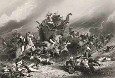 Nederlag av Peishwas-hæren før Jhansi av general Rose 1. april 1858, fra "The History of the Indian Myttery" publisert i 1858