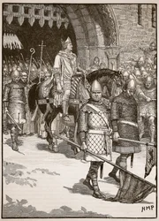 Biskop Odos avgang fra Rochester, illustrasjon fra Cassells Illustrated History of England (sepiafoto)
