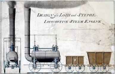 Design av en Losh and Stephenson Locomotive Steam Engine, ca. 1826 (penn og blekk og vask på papir)